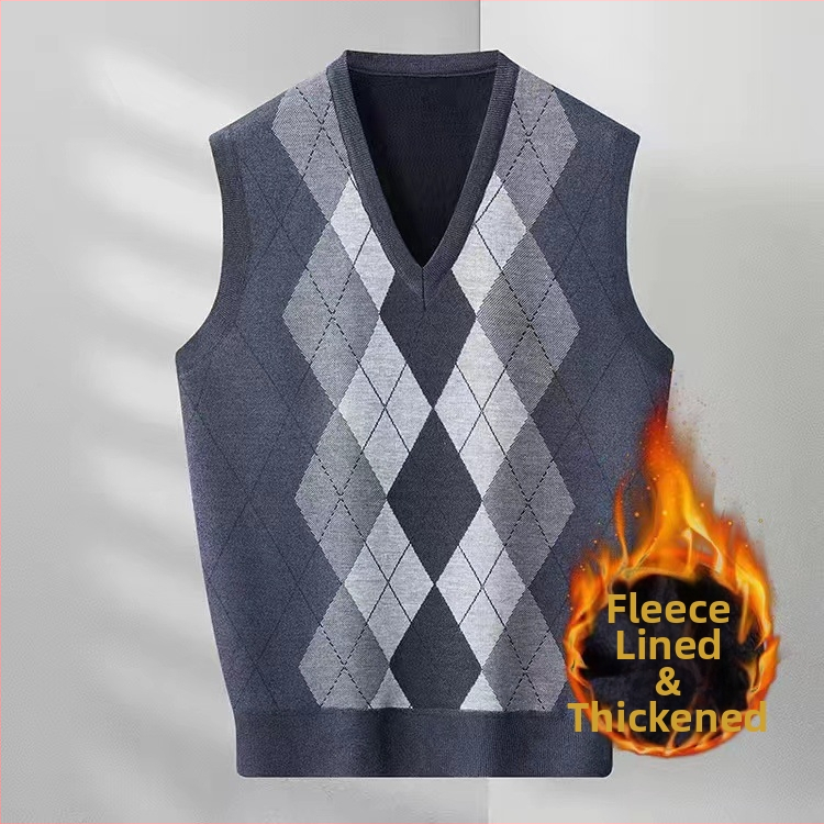 Férfi ujjatlan mellény V-nyakkal, kockás mintázatú gyapjúkeverékből, vastag kötés, lazább szabás