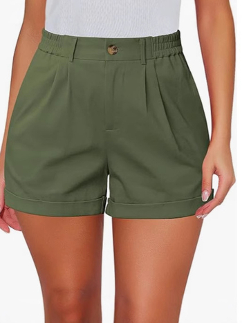Pantaloni scurți femei cu talie înaltă, țesătură ușoară poliester-spandex 30-50%, plișate, subțiri, croială dreaptă