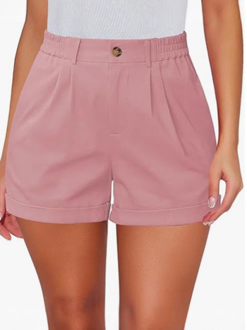Pantaloni scurți femei cu talie înaltă, țesătură ușoară poliester-spandex 30-50%, plișate, subțiri, croială dreaptă