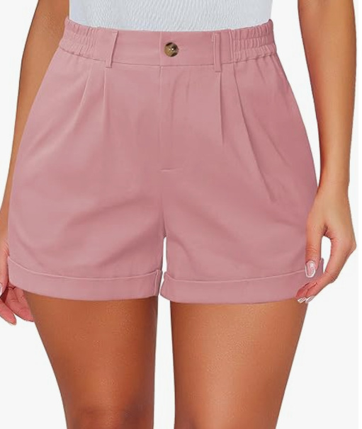 Pantaloni scurți femei cu talie înaltă, țesătură ușoară poliester-spandex 30-50%, plișate, subțiri, croială dreaptă
