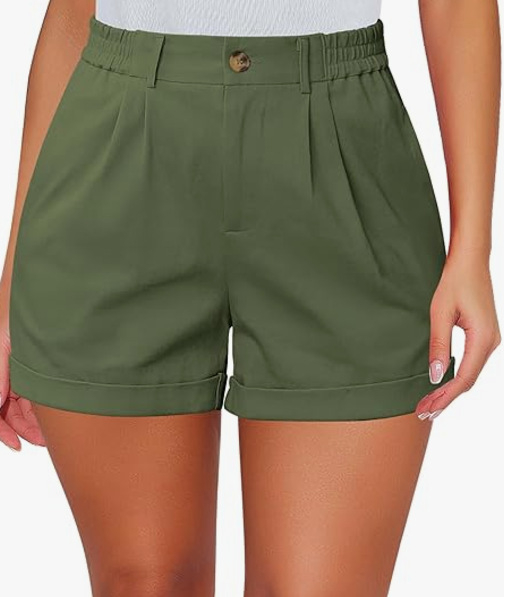 Pantaloni scurți femei cu talie înaltă, țesătură ușoară poliester-spandex 30-50%, plișate, subțiri, croială dreaptă
