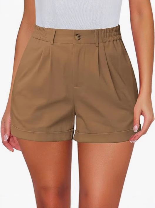 Pantaloni scurți femei cu talie înaltă, țesătură ușoară poliester-spandex 30-50%, plișate, subțiri, croială dreaptă