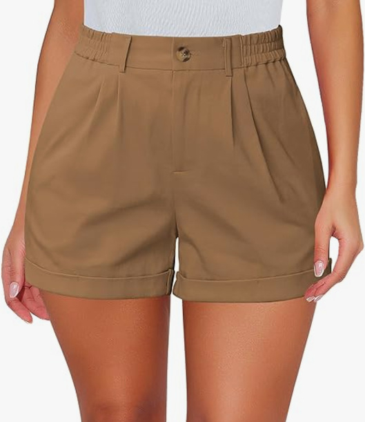 Pantaloni scurți femei cu talie înaltă, țesătură ușoară poliester-spandex 30-50%, plișate, subțiri, croială dreaptă