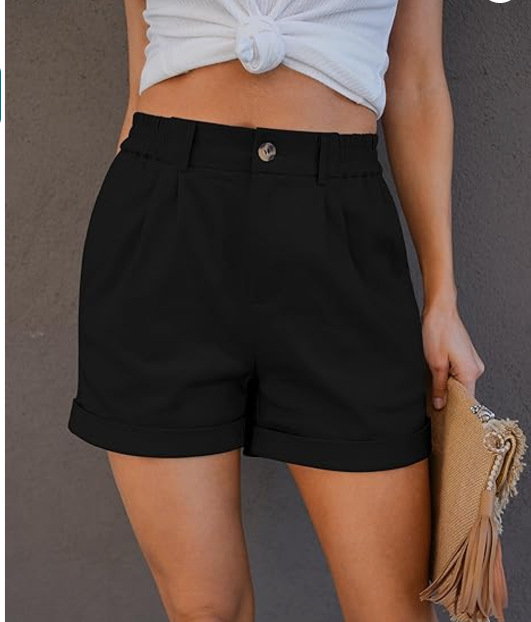 Pantaloni scurți femei cu talie înaltă, țesătură ușoară poliester-spandex 30-50%, plișate, subțiri, croială dreaptă