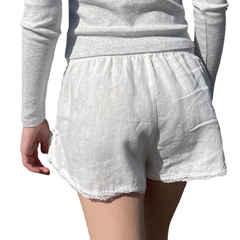 Дамски памучни къси панталони от тъкан плат, еластична талия, свободен силует, дантелена вложка patchwork