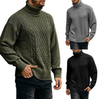 Pulover masculin cu guler înalt, tricot jacquard, 100% acrilic, mâneci lungi, material ce evacuează umezeala