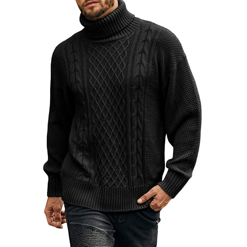 Pulover masculin cu guler înalt, tricot jacquard, 100% acrilic, mâneci lungi, material ce evacuează umezeala