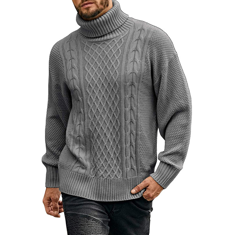 Pulover masculin cu guler înalt, tricot jacquard, 100% acrilic, mâneci lungi, material ce evacuează umezeala