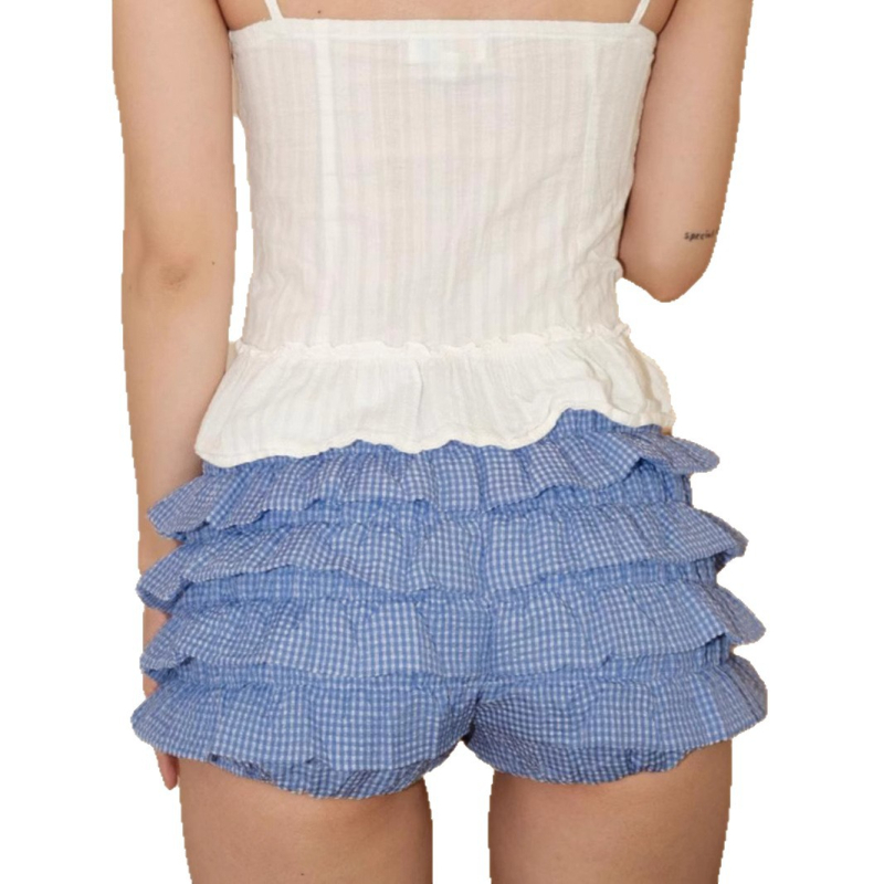 Fustă-pantalon cu carouri mici, funda, talie joasă cu elastic, lungime trei sferturi, țesătură ușoară din poliester (95%+)