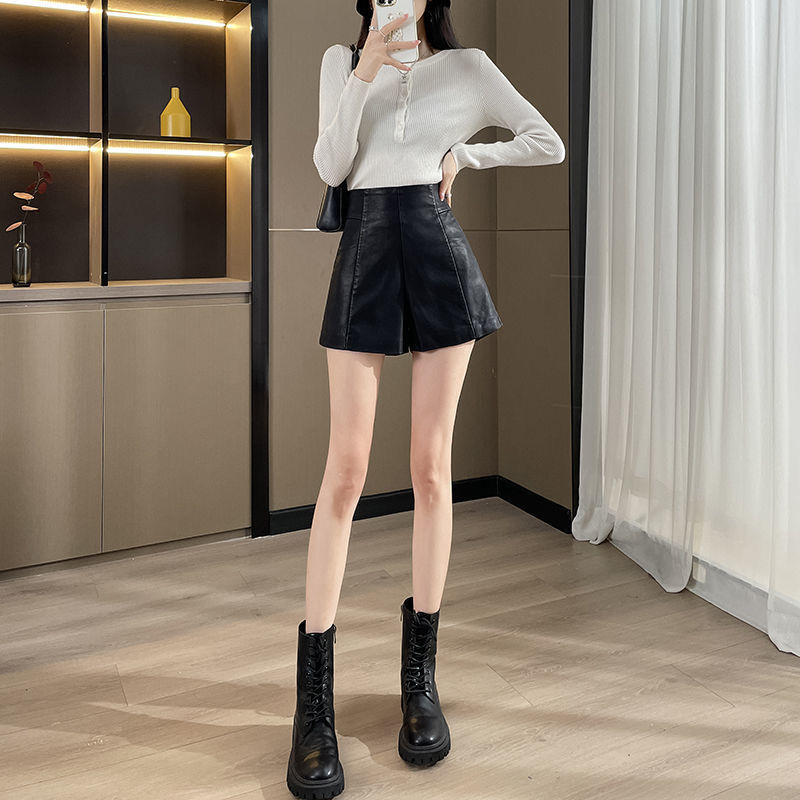 Γυναικείοι PU δερμάτινοι παντελόνες με ψηλή μέση, Α-γραμμή, ύφασμα πολυεστερικού ινώματος, μέτριο πάχος, περιεκτικότητα 50-70%, Άνοιξη 2024