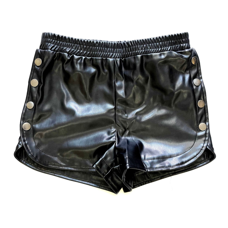 MELEIA Pantaloni scurți din piele PU, talie înaltă, nasture pe lateral, deschidere, croială dreaptă, casual