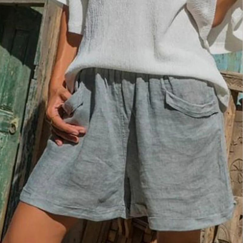 Дамски памучни къси панталони с еластична талия, свободна кройка и прав крак