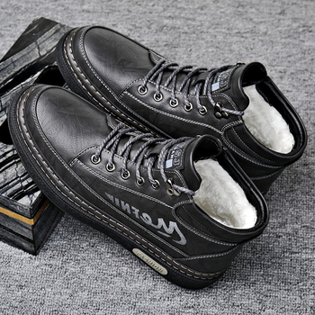 Ανδρικά δερμάτινα υψηλά μποτάκια με φλις επένδυση, ζεστά, αντιολισθητική σόλα από καουτσούκ, άνω μέρος: microfiber δέρμα, παχύτερη κατασκευή (Αντιολισθητικό, Θερμό; Άνω: microfiber δέρμα; Σόλα: καουτσούκ; Πάχος: παχύ)