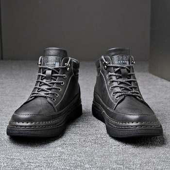 Ανδρικά δερμάτινα υψηλά μποτάκια με φλις επένδυση, ζεστά, αντιολισθητική σόλα από καουτσούκ, άνω μέρος: microfiber δέρμα, παχύτερη κατασκευή (Αντιολισθητικό, Θερμό; Άνω: microfiber δέρμα; Σόλα: καουτσούκ; Πάχος: παχύ)