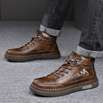 Ανδρικά δερμάτινα υψηλά μποτάκια με φλις επένδυση, ζεστά, αντιολισθητική σόλα από καουτσούκ, άνω μέρος: microfiber δέρμα, παχύτερη κατασκευή (Αντιολισθητικό, Θερμό; Άνω: microfiber δέρμα; Σόλα: καουτσούκ; Πάχος: παχύ)