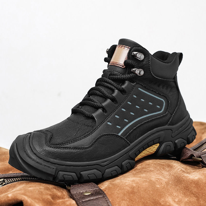 Ανδρικά χειμερινά υψηλά μποτάκια πεζοπορίας — Άνω μέρος από nubuk δέρμα αγελάδας, Mesh εξωτερικό, PU πάτος, Καουτσούκ σόλα; Αντιολισθητικότητα, Απορρόφηση κραδασμών