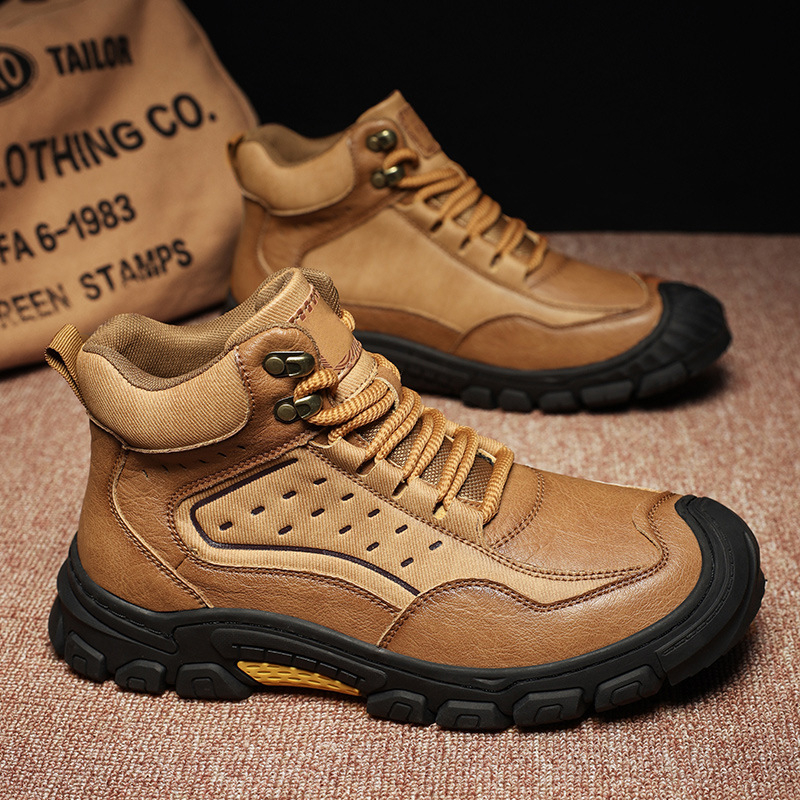 Ανδρικά χειμερινά υψηλά μποτάκια πεζοπορίας — Άνω μέρος από nubuk δέρμα αγελάδας, Mesh εξωτερικό, PU πάτος, Καουτσούκ σόλα; Αντιολισθητικότητα, Απορρόφηση κραδασμών