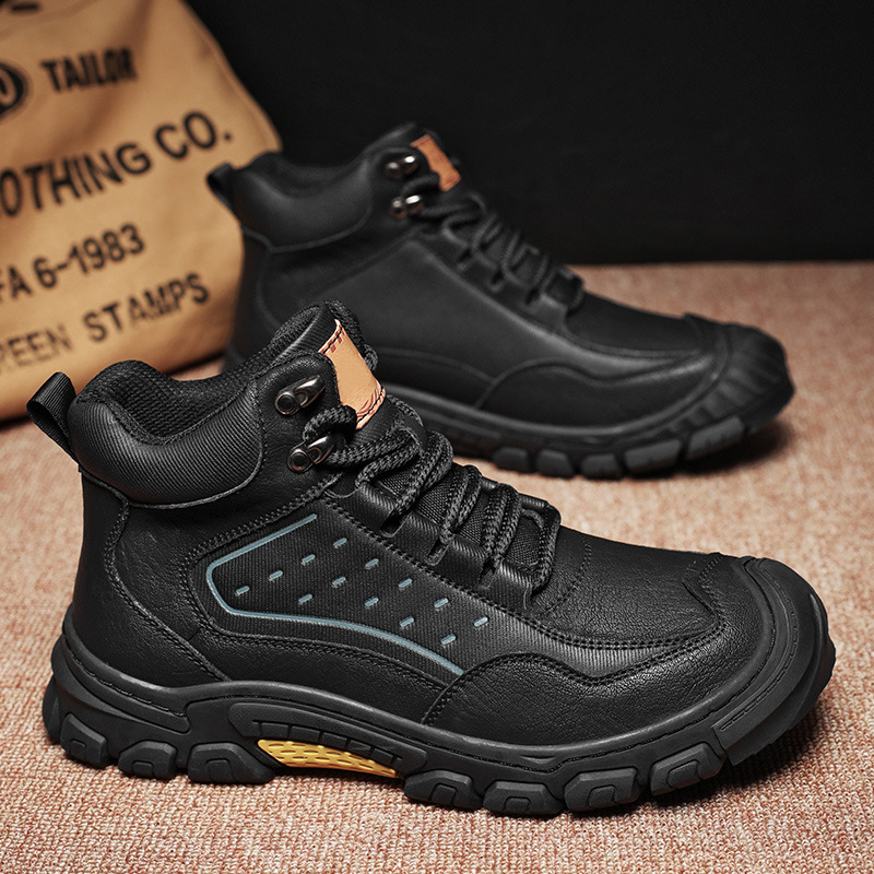 Ανδρικά χειμερινά υψηλά μποτάκια πεζοπορίας — Άνω μέρος από nubuk δέρμα αγελάδας, Mesh εξωτερικό, PU πάτος, Καουτσούκ σόλα; Αντιολισθητικότητα, Απορρόφηση κραδασμών