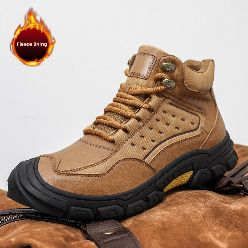 Ανδρικά χειμερινά υψηλά μποτάκια πεζοπορίας — Άνω μέρος από nubuk δέρμα αγελάδας, Mesh εξωτερικό, PU πάτος, Καουτσούκ σόλα; Αντιολισθητικότητα, Απορρόφηση κραδασμών