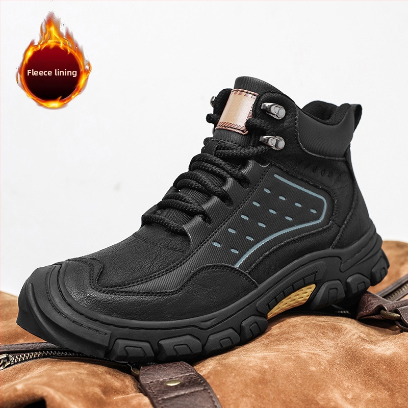 Ανδρικά χειμερινά υψηλά μποτάκια πεζοπορίας — Άνω μέρος από nubuk δέρμα αγελάδας, Mesh εξωτερικό, PU πάτος, Καουτσούκ σόλα; Αντιολισθητικότητα, Απορρόφηση κραδασμών