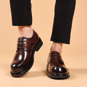 Ανδρικά δερμάτινα παπούτσια για επιχειρήσεις - Γνήσιο δέρμα βοδιού, καουτσούκ σόλα, στρογγυλή μύτη, χαμηλό ύψος, αντιολισθητική σόλα