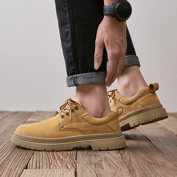 Ανδρικά δερμάτινα παπούτσια εργασίας, επάνω μέρος από δέρμα αγελάδας, αντιολισθητική σόλα και απορρόφηση κραδασμών, χαμηλού ύψους με παχιά ραμμένη σόλα, casual στυλ