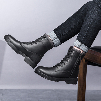 Ανδρικά δερμάτινα μποτάκια για τον χειμώνα, μεσαίου ύψους, δέρμα επάνω, σόλα από καουτσούκ, PU πάτος, στρογγυλός μύτης