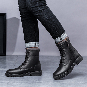 Ανδρικά δερμάτινα μποτάκια για τον χειμώνα, μεσαίου ύψους, δέρμα επάνω, σόλα από καουτσούκ, PU πάτος, στρογγυλός μύτης