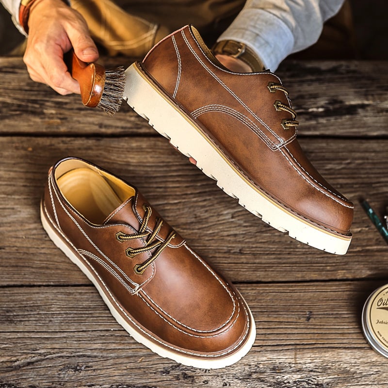 Ανδρικά δερμάτινα χαμηλού ύψους παπούτσια, διπλού στρώματος δέρμα αγελάδας, αντιολισθητική σόλα από καουτσούκ, μεσαίο ύψος τακουνιού 3–5 cm, εξωτερικού χώρου