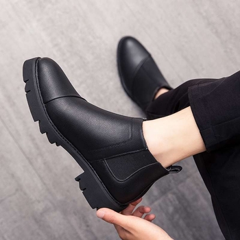 Ανδρικά δερμάτινα μποτάκια με φαρδιά σόλα, αυξάνουν το ύψος, Κορεάτικου στυλ υψηλό επάνω μέρος, PU