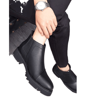 Ανδρικά δερμάτινα μποτάκια με φαρδιά σόλα, αυξάνουν το ύψος, Κορεάτικου στυλ υψηλό επάνω μέρος, PU