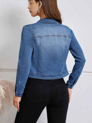 Τζάκετ από ντένιμ σε στενή γραμμή, ξεβαμμένο φινίρισμα, κοντό μήκος, μακριά μανίκια, πέτο (Στενή γραμμή, ξεβαμμένο ντένιμ, κοντό μήκος, μακριά μανίκια, πέτο)