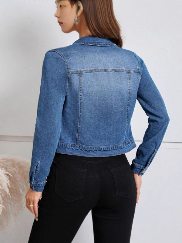 Geacă din denim slim, lavată, lungime scurtă, mâneci lungi, rever (Slim, lavată, lungime scurtă, mâneci lungi, rever)