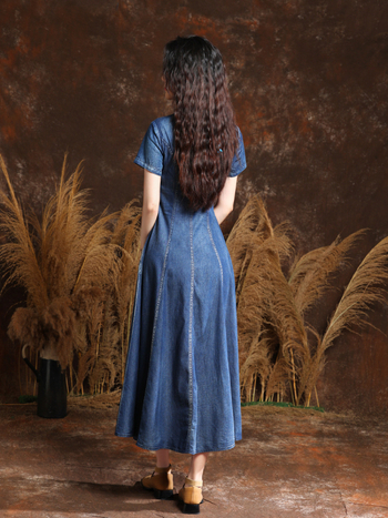 Φόρεμα τζιν με V-λαιμό, Α-γραμμή, μακρύ φόρεμα, κέντημα, σφιχτή μέση, καλοκαίρι 2025, μάρκα: Liao\'s keer pretty baby