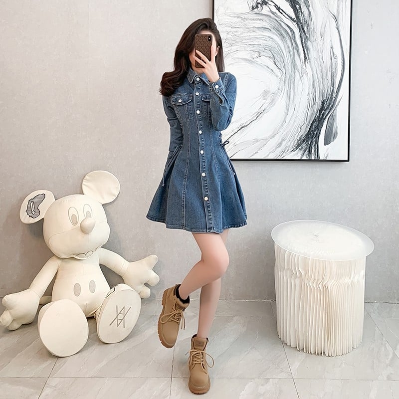 A-образна рокля, корейски стил, едноцветна полиестерна тъкан, без яка, с половин ръкав, талия средна, дължина миди