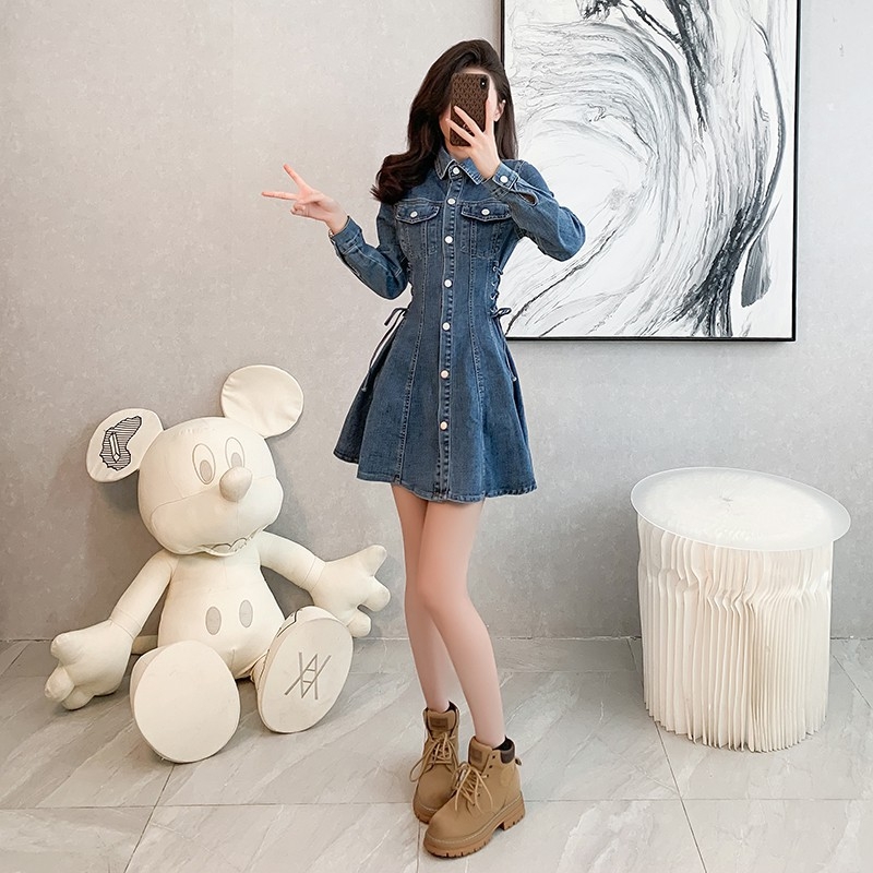 A-образна рокля, корейски стил, едноцветна полиестерна тъкан, без яка, с половин ръкав, талия средна, дължина миди