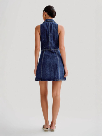 Φόρεμα τζιν με V-λαιμό, χωρίς μανίκια, ψηλή μέση, γραμμή Α, μεσαίου μήκους