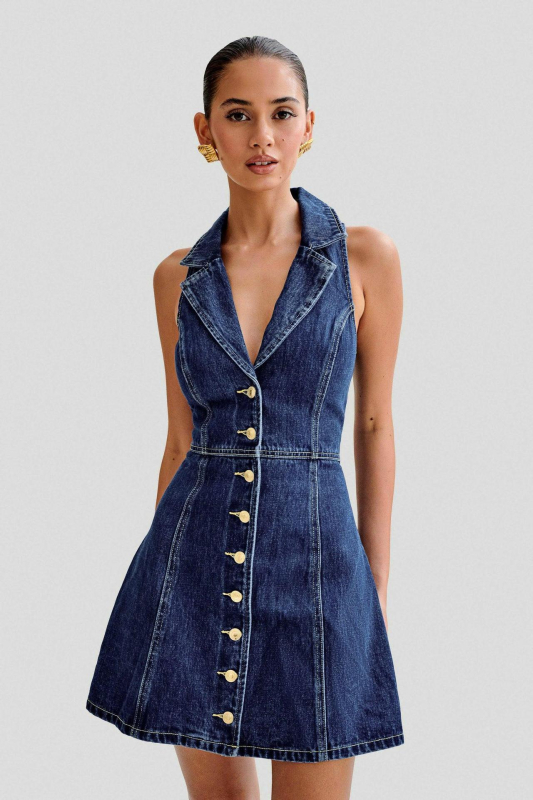Rochie din denim cu decolteu în V, fără mâneci, talie înaltă, croială A-line, lungime medie
