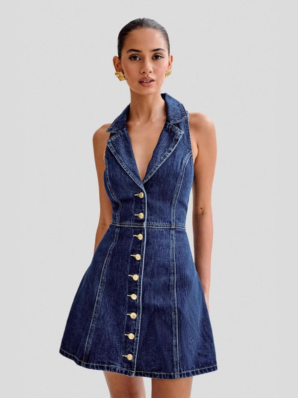 Rochie din denim cu decolteu în V, fără mâneci, talie înaltă, croială A-line, lungime medie