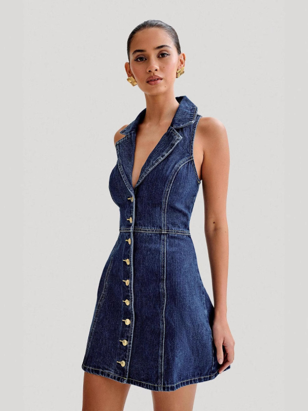 Rochie din denim cu decolteu în V, fără mâneci, talie înaltă, croială A-line, lungime medie
