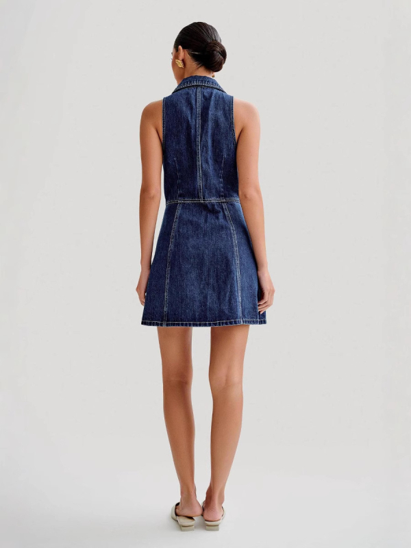 Rochie din denim cu decolteu în V, fără mâneci, talie înaltă, croială A-line, lungime medie