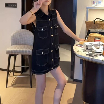 Φόρεμα τζιν χωρίς μανίκια, κορεατικό στυλ, γραμμή Α, καουμπόι στυλ, polo γιακά, άνετη μέση