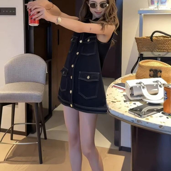 Φόρεμα τζιν χωρίς μανίκια, κορεατικό στυλ, γραμμή Α, καουμπόι στυλ, polo γιακά, άνετη μέση