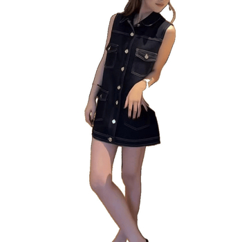 Φόρεμα τζιν χωρίς μανίκια, κορεατικό στυλ, γραμμή Α, καουμπόι στυλ, polo γιακά, άνετη μέση