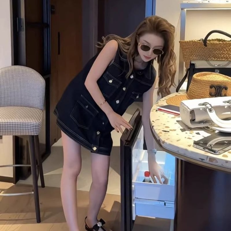 Džins haljina bez rukava, korejski stil, A‑linijski kroj, kaubojski stil, polo ovratnik, slobodan struk