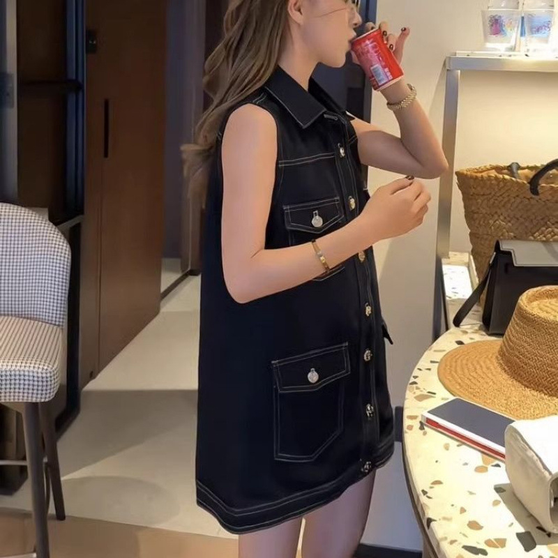 Džins haljina bez rukava, korejski stil, A‑linijski kroj, kaubojski stil, polo ovratnik, slobodan struk