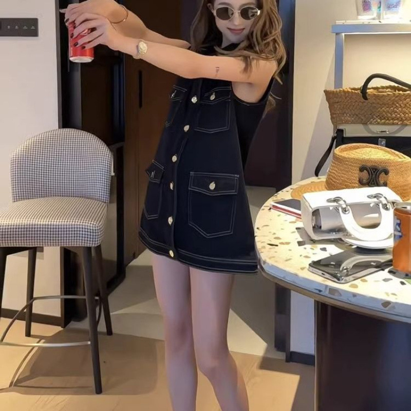 Džins haljina bez rukava, korejski stil, A‑linijski kroj, kaubojski stil, polo ovratnik, slobodan struk