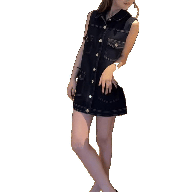 Džins haljina bez rukava, korejski stil, A‑linijski kroj, kaubojski stil, polo ovratnik, slobodan struk