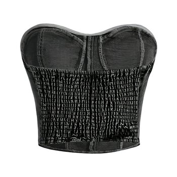 Denim mellény melltámaszokkal, váll nélkül, karcsú szabás, rövid fazon, kockás mintázat — Nyár 2025