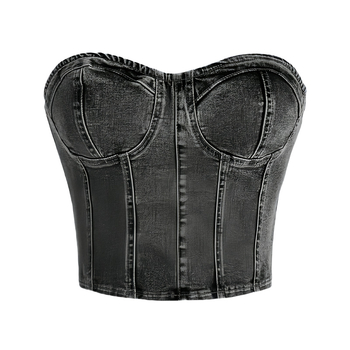 Denim mellény melltámaszokkal, váll nélkül, karcsú szabás, rövid fazon, kockás mintázat — Nyár 2025